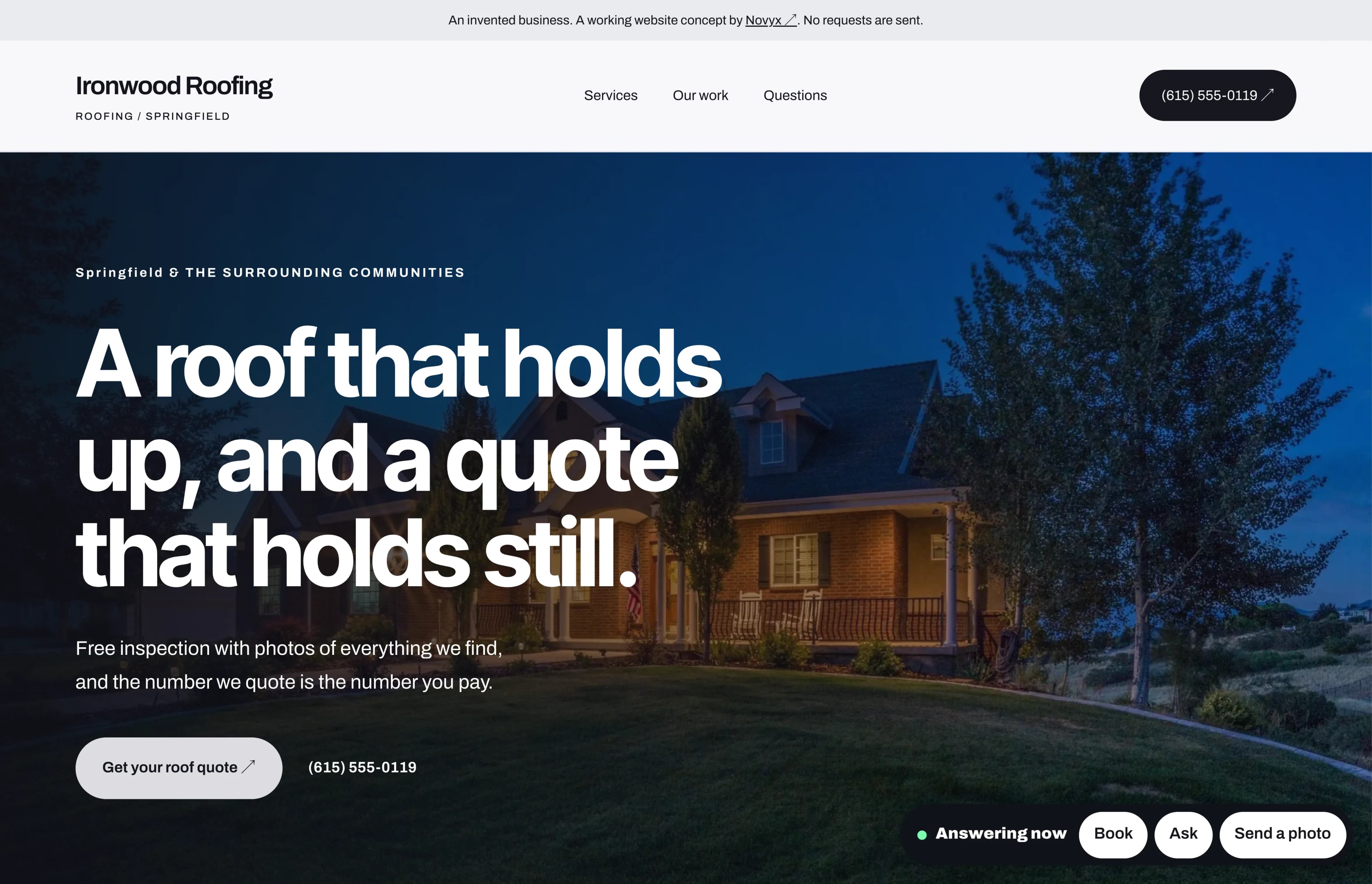 After: the redesigned website for Ironwood Roofing, an invented roofer